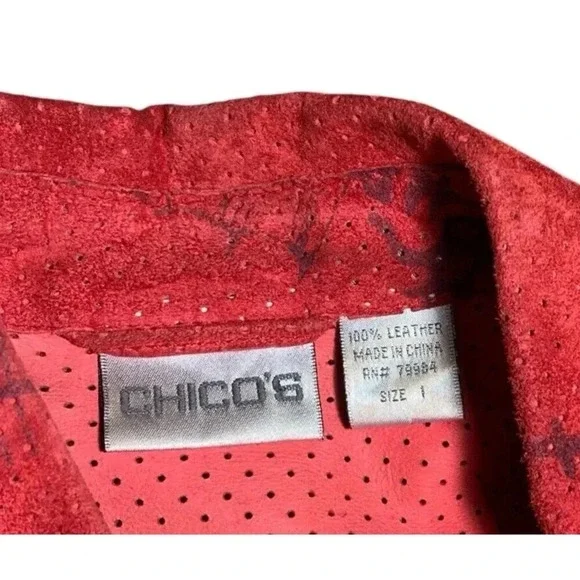 CHICO'S Leather Suede Shirt Jacket Womens Size 1 (Medium) Red Black Asian Print - Picture 6 of 8